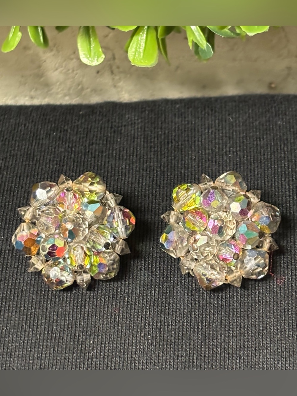 1960's Vintage Estate Aurora Borealis Crystal cluster round Clip -on Earrings